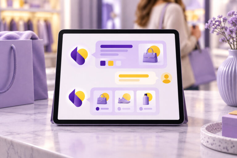 Tablet showing a chat with an AI assistant at a boutique counter