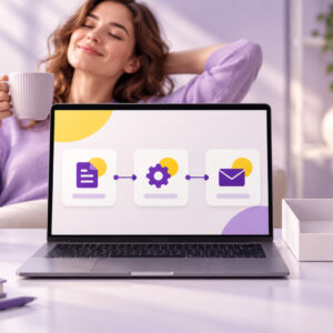 Relaxed owner with coffee while a laptop runs an automated task