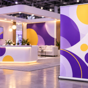 Retractable roll-up banner stand beside an exhibition booth