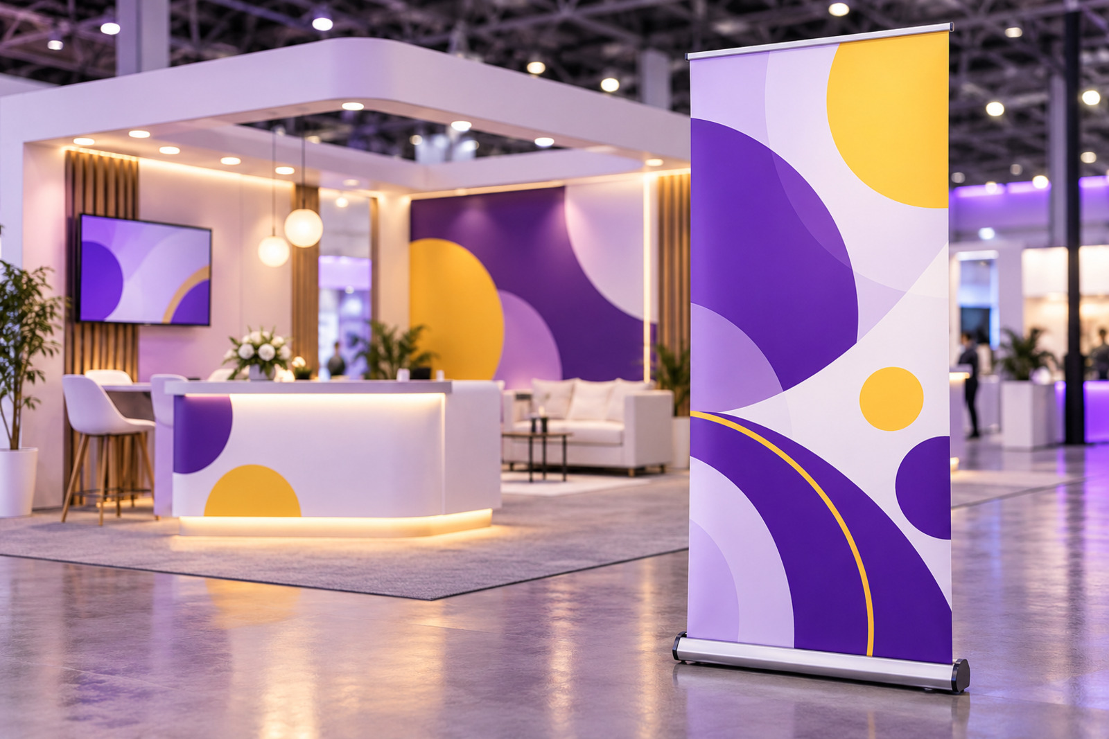 Retractable roll-up banner stand beside an exhibition booth