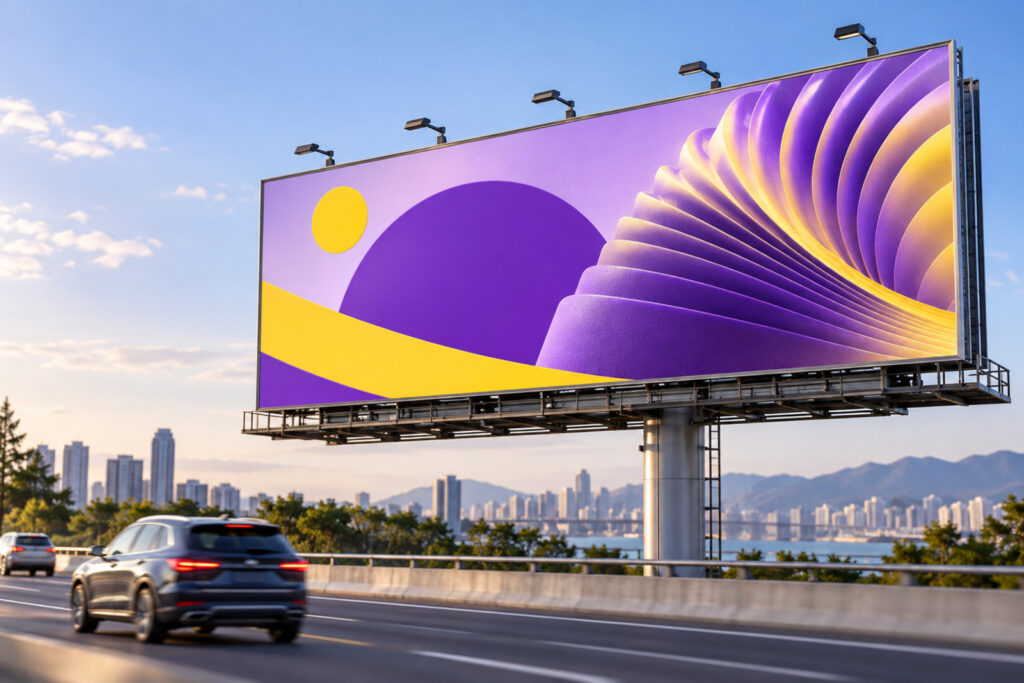Highway billboard with bold purple and yellow artwork