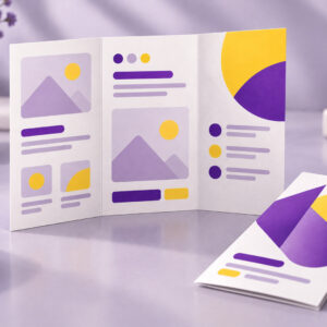 Tri-fold brochure standing open on a desk
