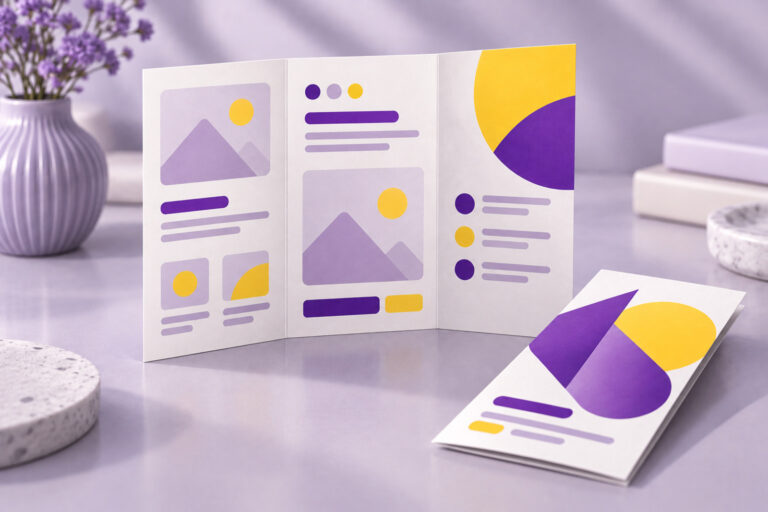 Tri-fold brochure standing open on a desk