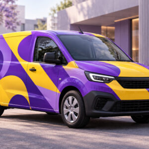 Service van with a full purple and yellow vehicle wrap