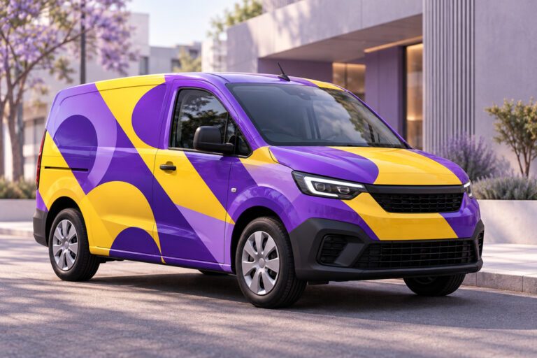 Service van with a full purple and yellow vehicle wrap