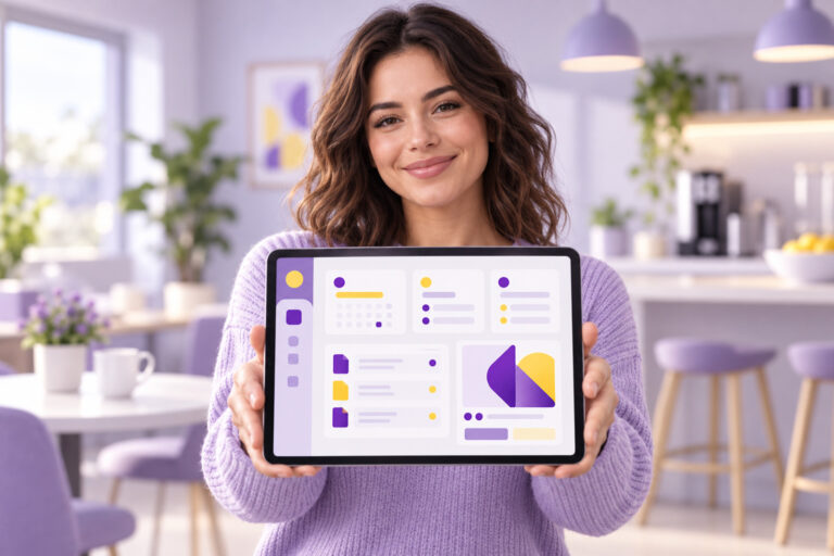 Staff member holding a tablet with a private team portal