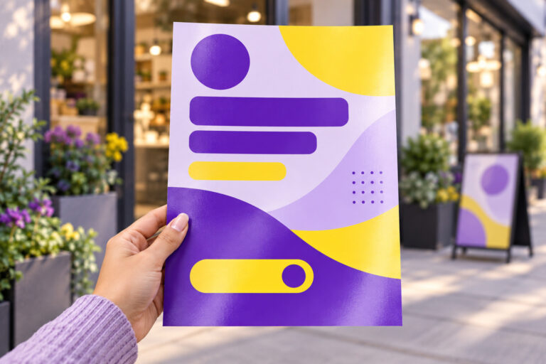 Hand holding a bold purple and yellow flyer outside a storefront