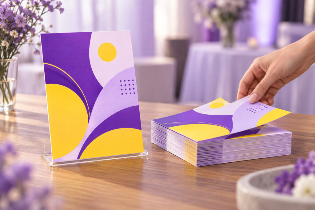 Stack of half-page flyers on an event table with one being picked up