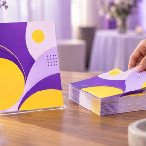 Stack of half-page flyers on an event table with one being picked up