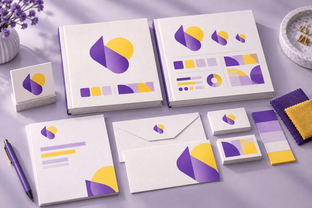 Complete brand system with guideline books, stationery, and swatches