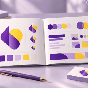 Open brand guidelines booklet with logo, color swatches, and type samples
