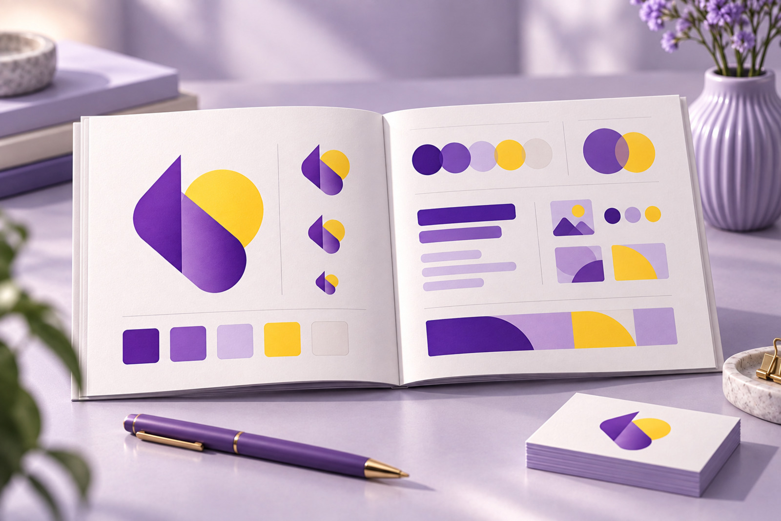 Open brand guidelines booklet with logo, color swatches, and type samples