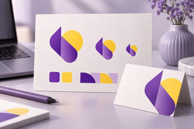 Brand identity board with a purple and yellow logo mark shown at three sizes