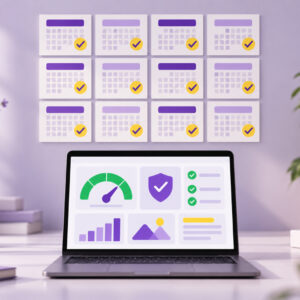 Wall calendar with twelve months checked off above a laptop dashboard