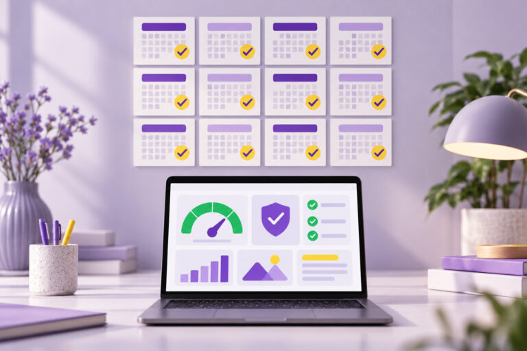 Wall calendar with twelve months checked off above a laptop dashboard