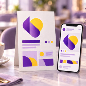Printed menu card beside a phone showing a matching social post