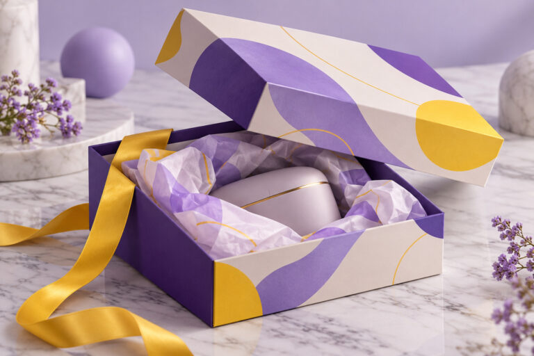 Purple and yellow product box mid-unboxing with a gold ribbon