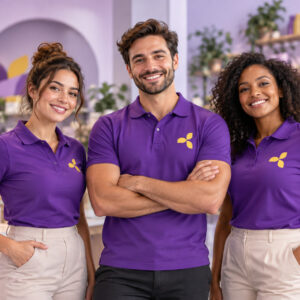 Team of three wearing matching branded purple polo shirts