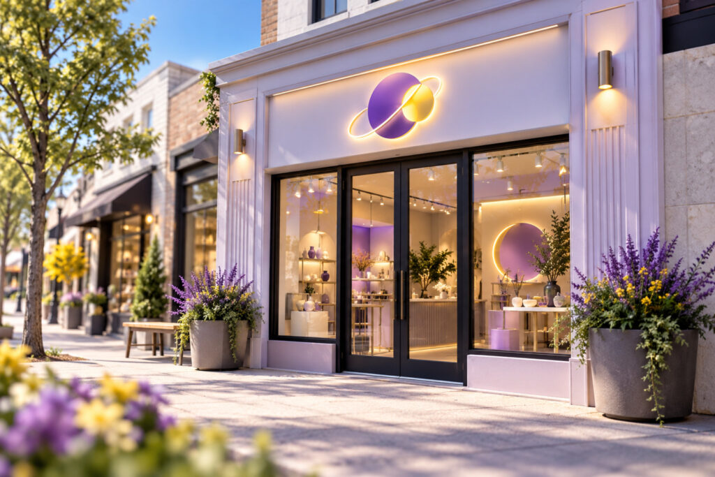 Storefront with an illuminated purple and yellow sign above the entrance