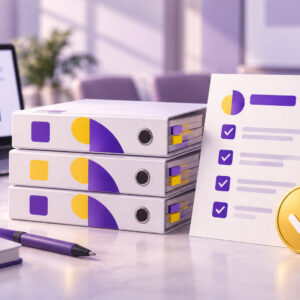 Stack of policy binders with a gold checkmark seal and a completed checklist