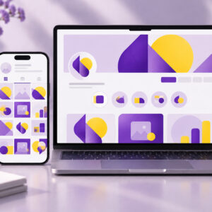Phone and laptop showing matching social media templates and a banner