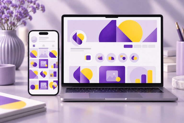 Phone and laptop showing matching social media templates and a banner