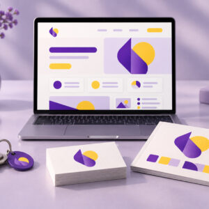 Launch kit with a new website on a laptop, logo business cards, and shop keys