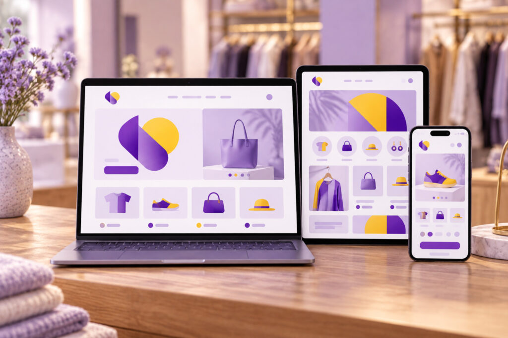 Matching website on a laptop, tablet, and phone on a boutique counter