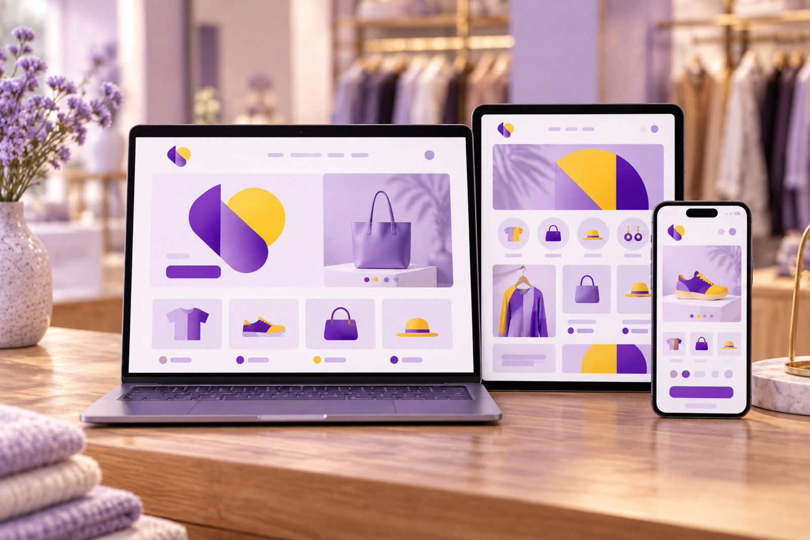 Matching website on a laptop, tablet, and phone on a boutique counter