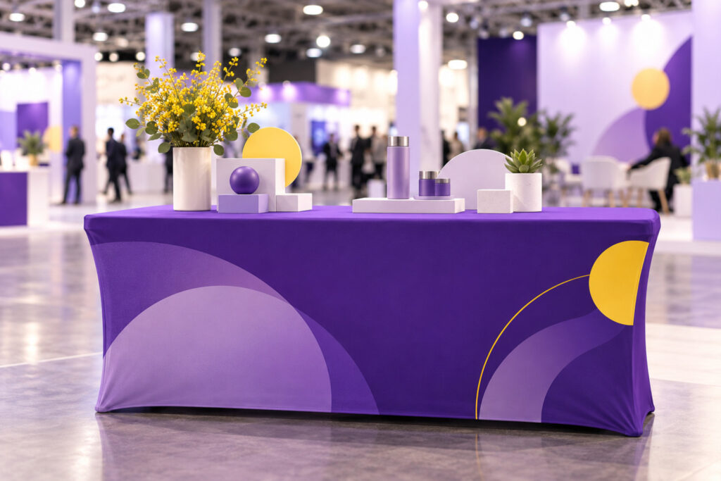 Branded purple fitted table cover at a trade show