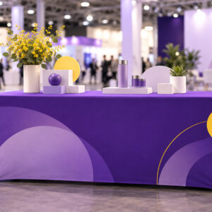 Branded purple fitted table cover at a trade show