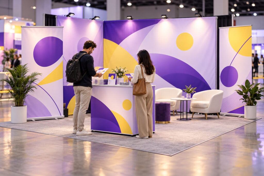 Trade show booth with a branded backdrop, counter, and banner stands