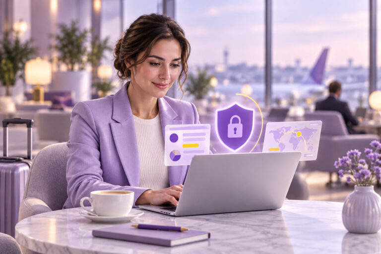 Business owner working securely on a laptop in an airport lounge